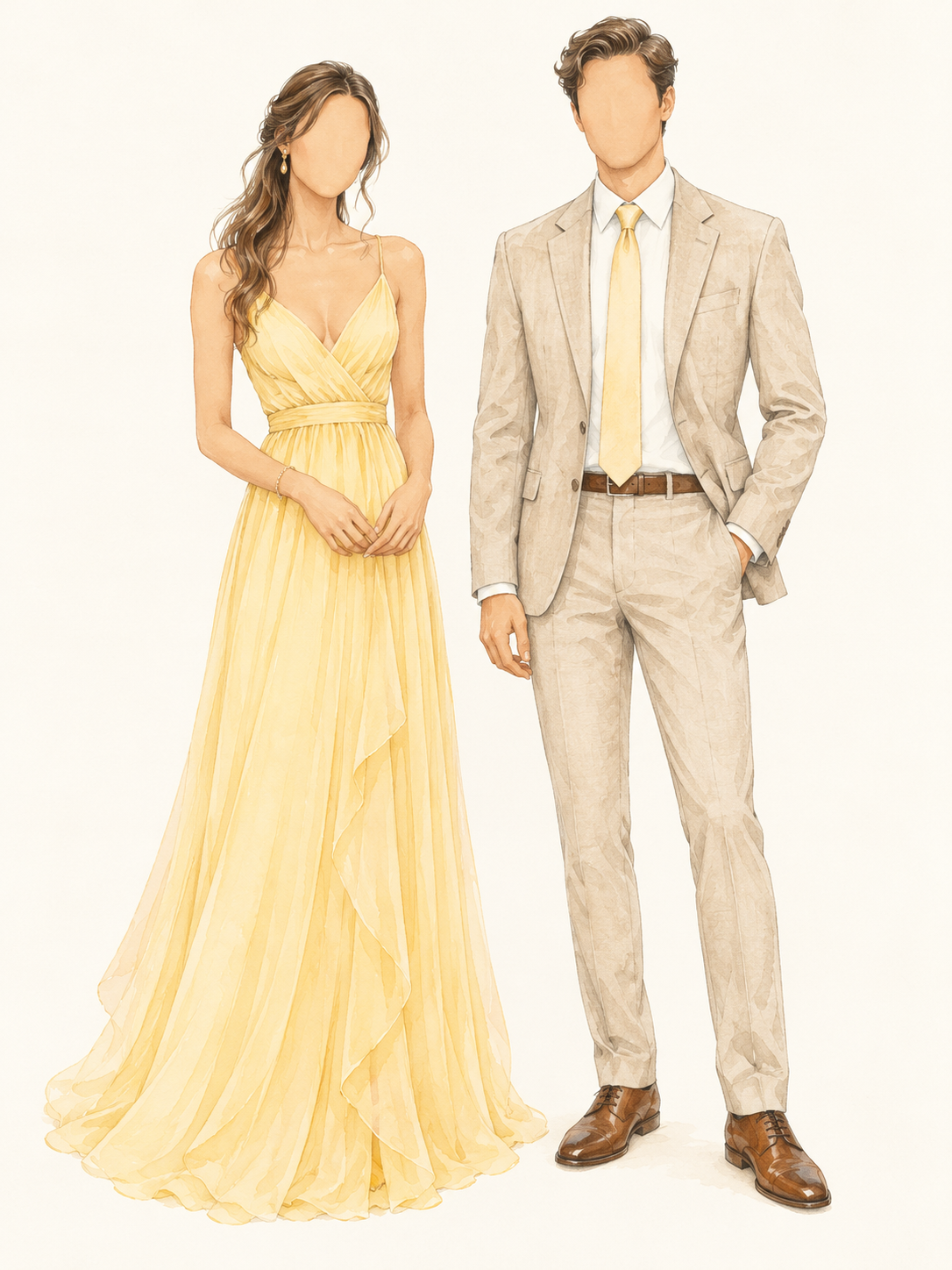 Faceless watercolor drawing of a woman in a butter yellow gown and a man in a sand suit with a yellow tie