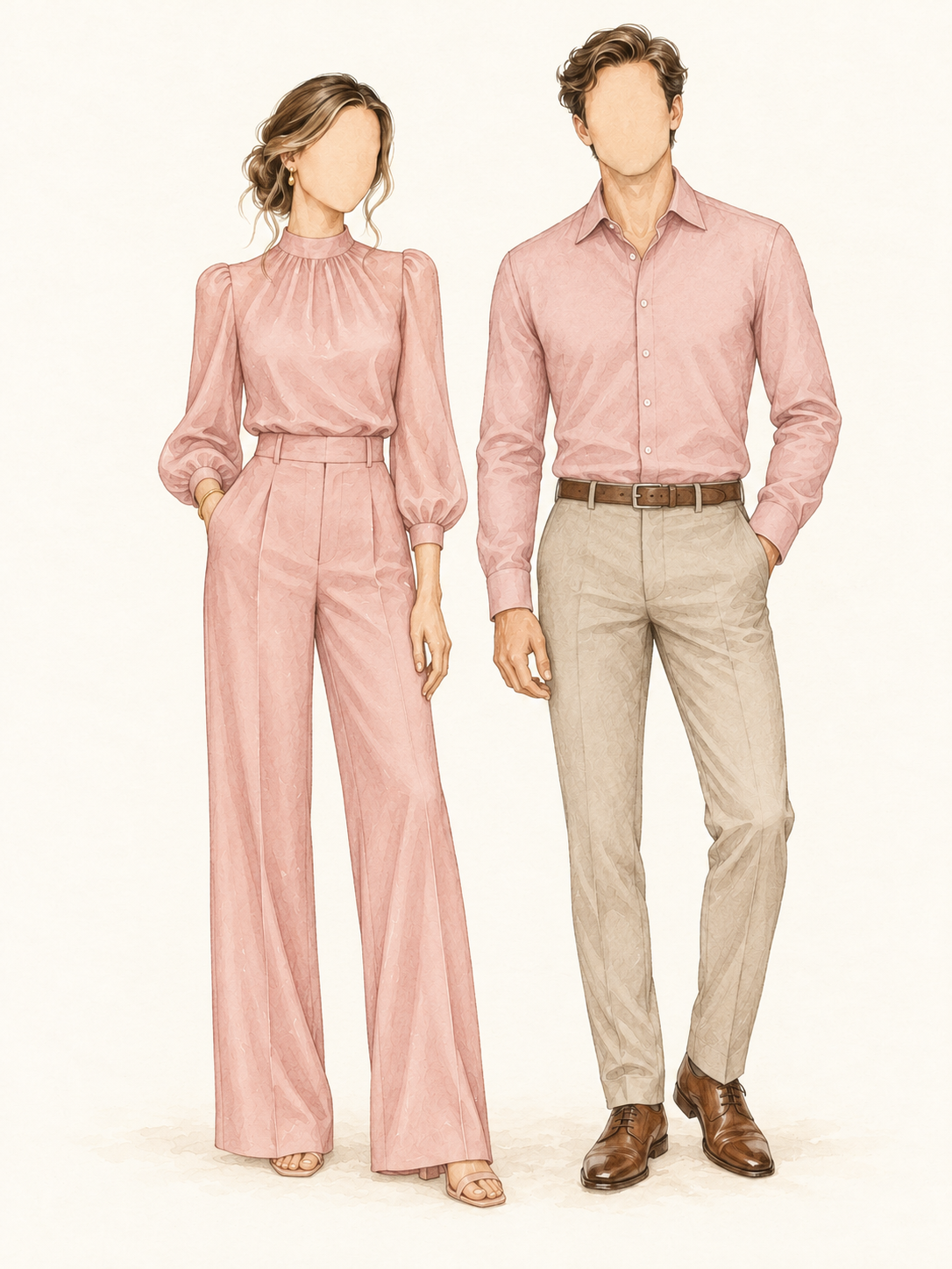 Faceless watercolor drawing of a woman in dressy dusty pink pants coordinates and a man in a formal dusty pink shirt and tailored trousers without a jacket