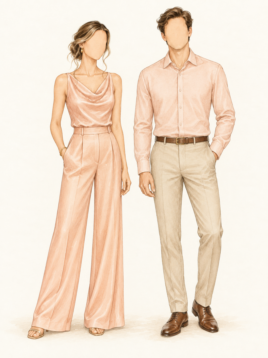 Faceless watercolor drawing of a woman in elegant peach pants coordinates and a man in a formal peach shirt and tailored trousers without a jacket