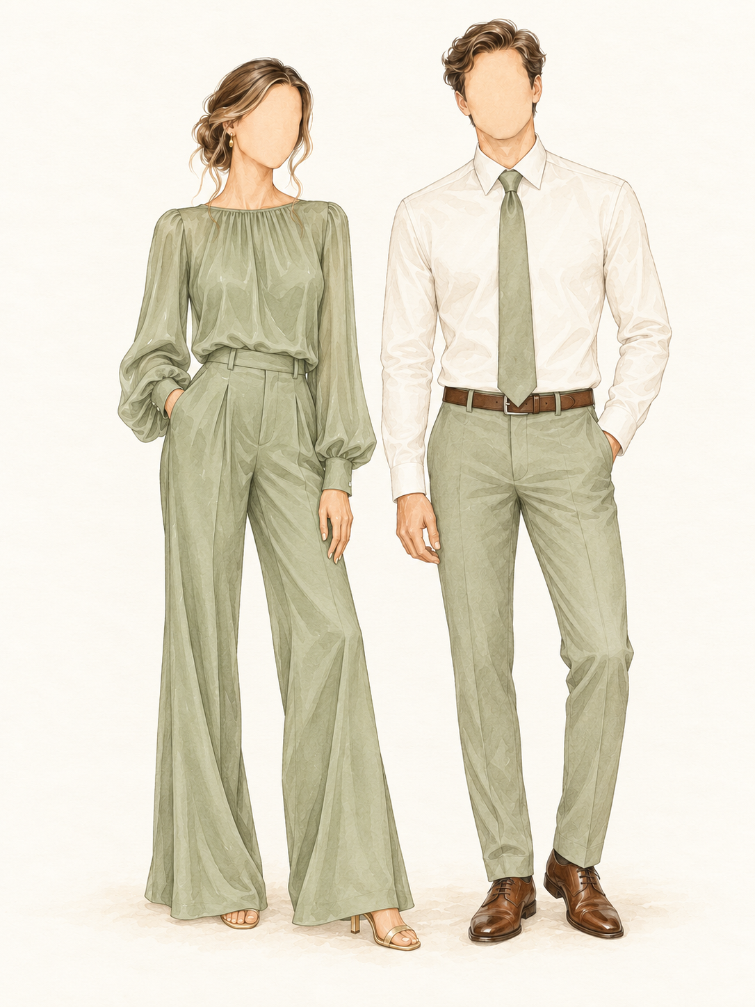 Faceless watercolor drawing of a woman in elegant sage pants coordinates and a man in an ivory dress shirt, sage tie and tailored trousers without a blazer
