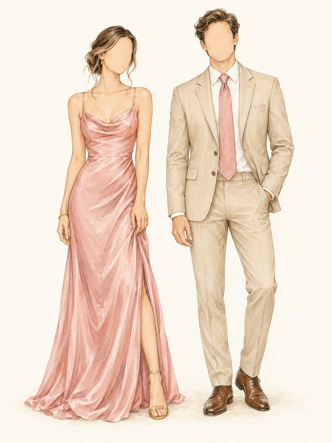 Faceless watercolor drawing of a woman in a dusty pink gown and a man in a beige suit with a dusty pink tie