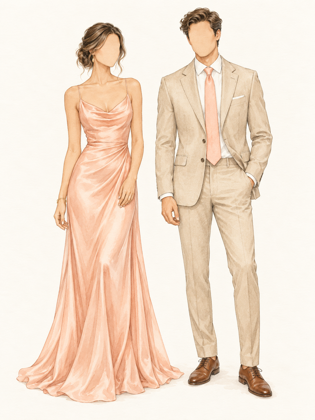 Faceless watercolor drawing of a woman in a peach gown and a man in a beige suit with a peach tie