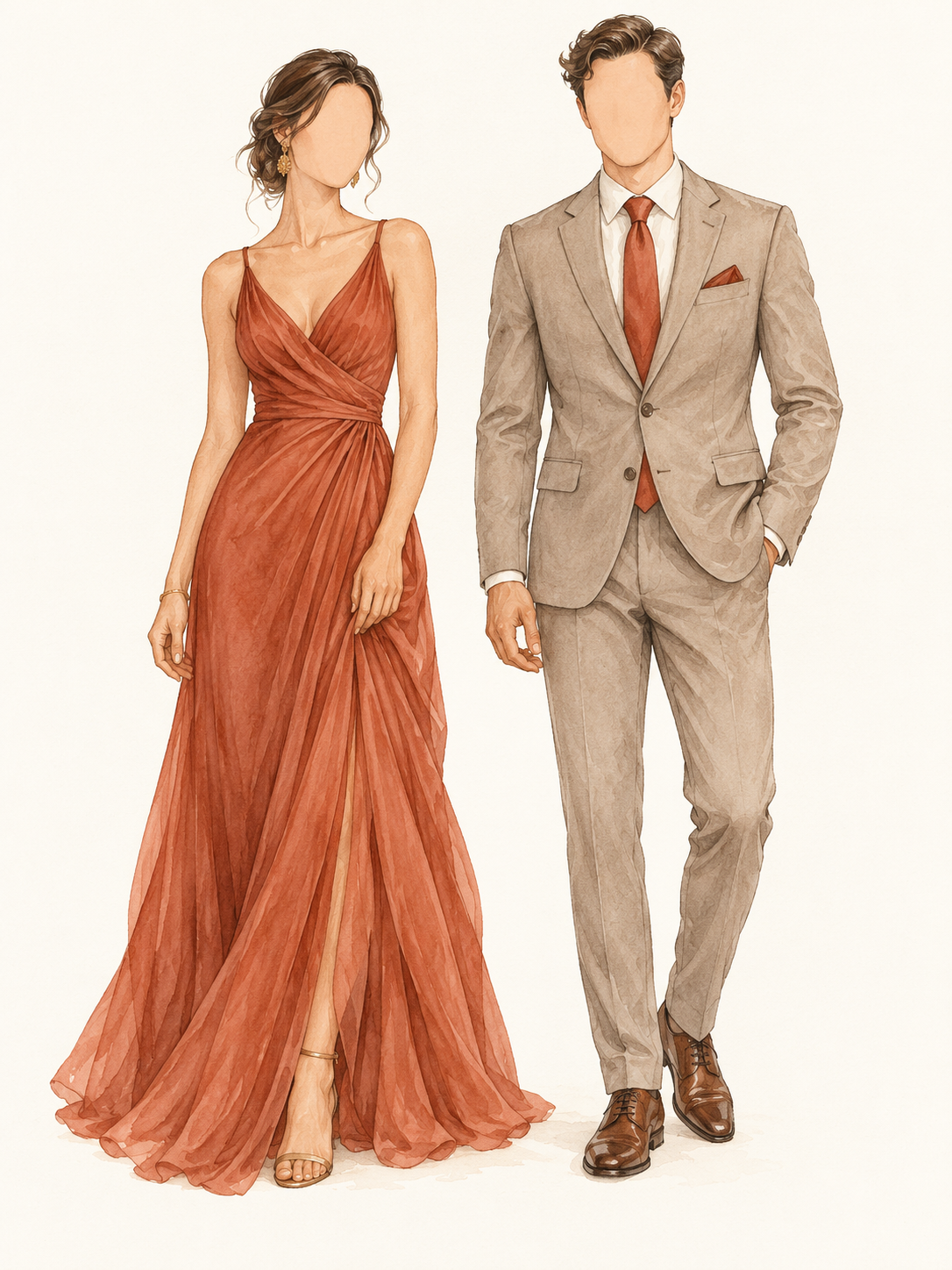 Faceless watercolor drawing of a woman in a rust gown and a man in a taupe suit with a rust tie