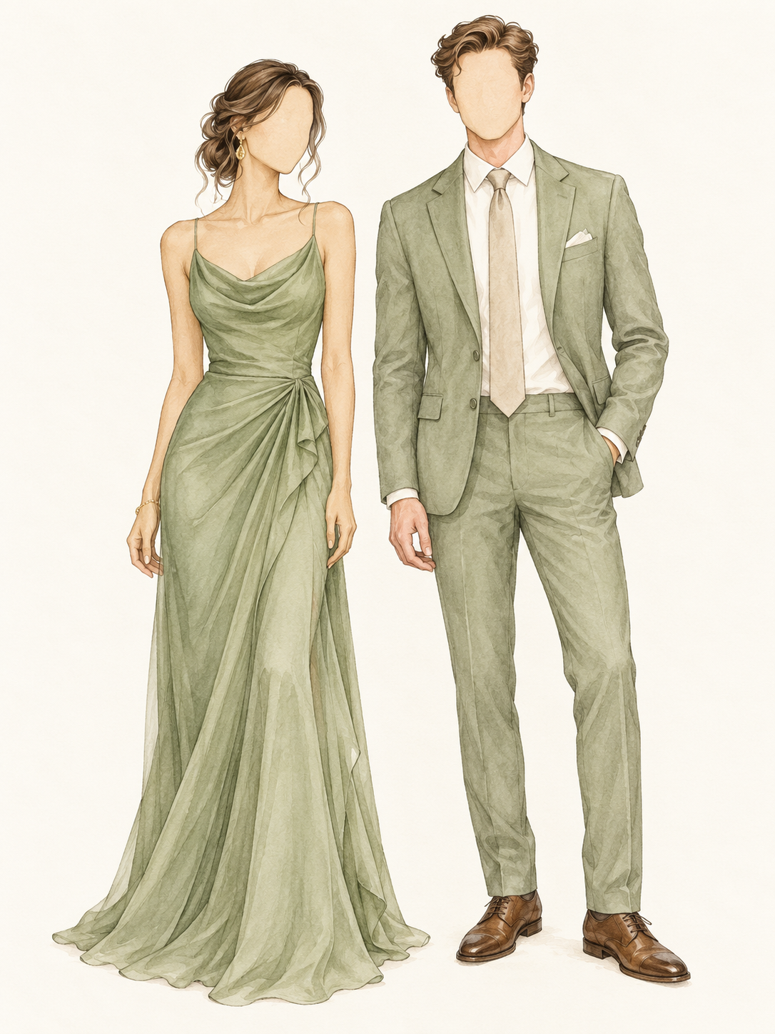 Faceless watercolor drawing of a woman in a sage gown and a man in a sage green suit